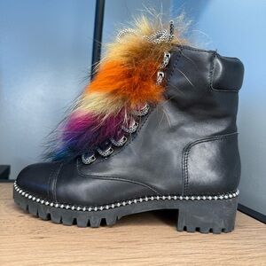CECILIA NEW YORK Black Leather Lace-Up Ankle Boot with Rainbow Fur Trim